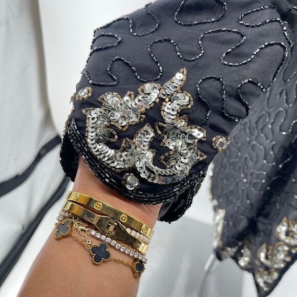 Vintage SCALA Silk Beaded Sequin Evening Glam Jacket Black Open Front XL - Picture 8 of 16